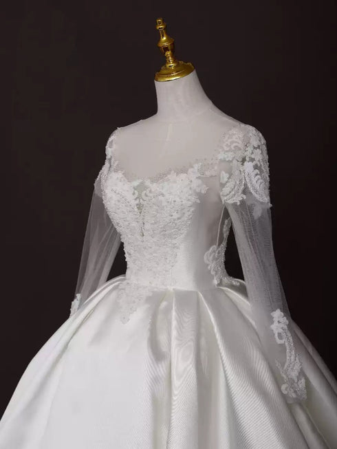 Lace Wedding Dress with Long Sleeves – Satin Wedding Dresses Long Sleeve with Sheer Illusion Bodice – Corset Wedding Dress Plus Size